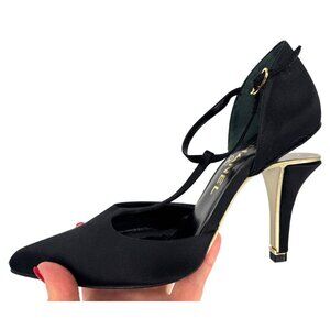Vintage 2002 Chanel Black Satin Leather Floating Heel Straps Shoes Heels Sz 38